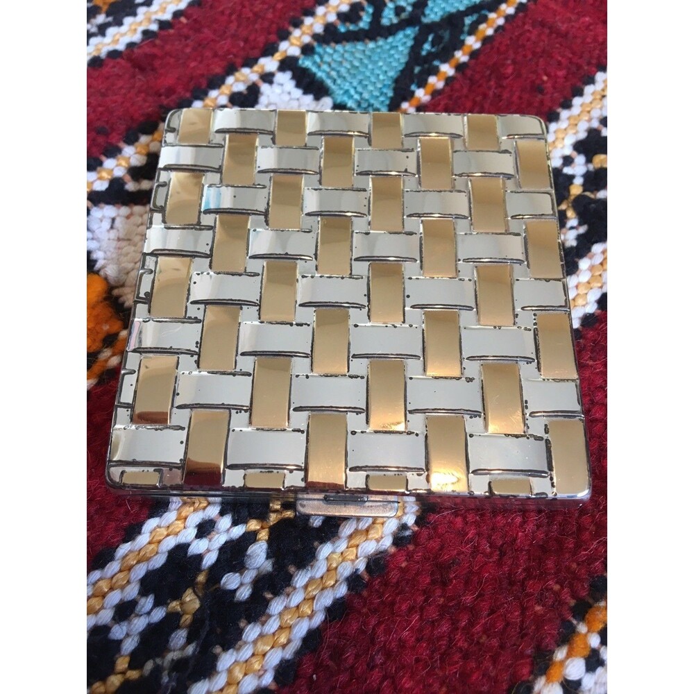 VTG Charles of the Ritz Gold Tone Basket Weave design Powder Compact w Mirror
